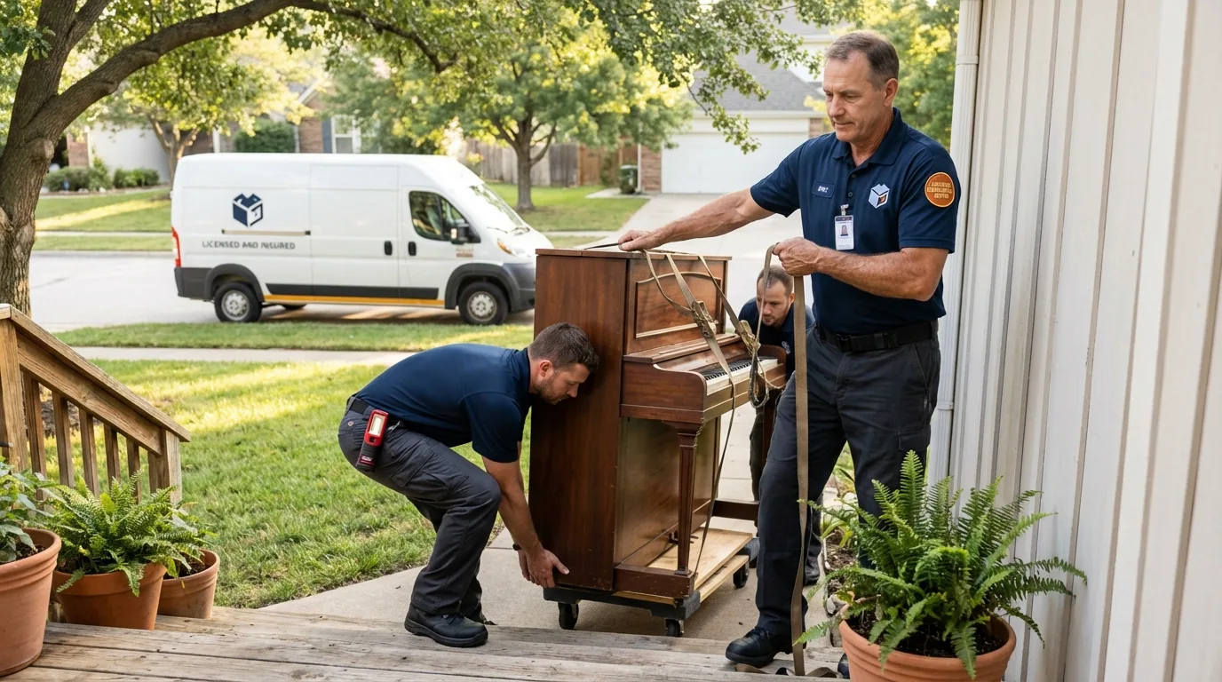 Licensed piano movers securing grand piano in Lewisville, AR