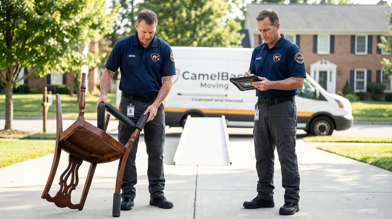 Movers inspecting furniture for damage prevention before loading in Lewisville, AR