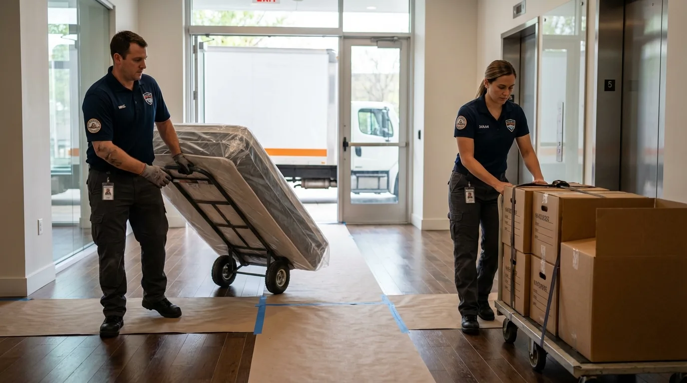 Professional apartment movers loading elevator in Lewisville, AR