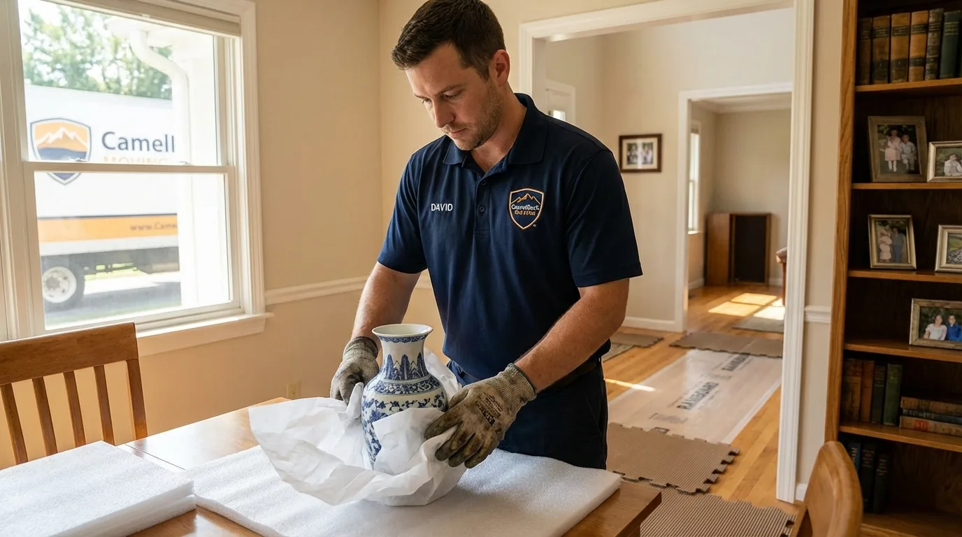 Professional crew carefully wrapping antique vase for senior downsizing move in Lewisville, AR